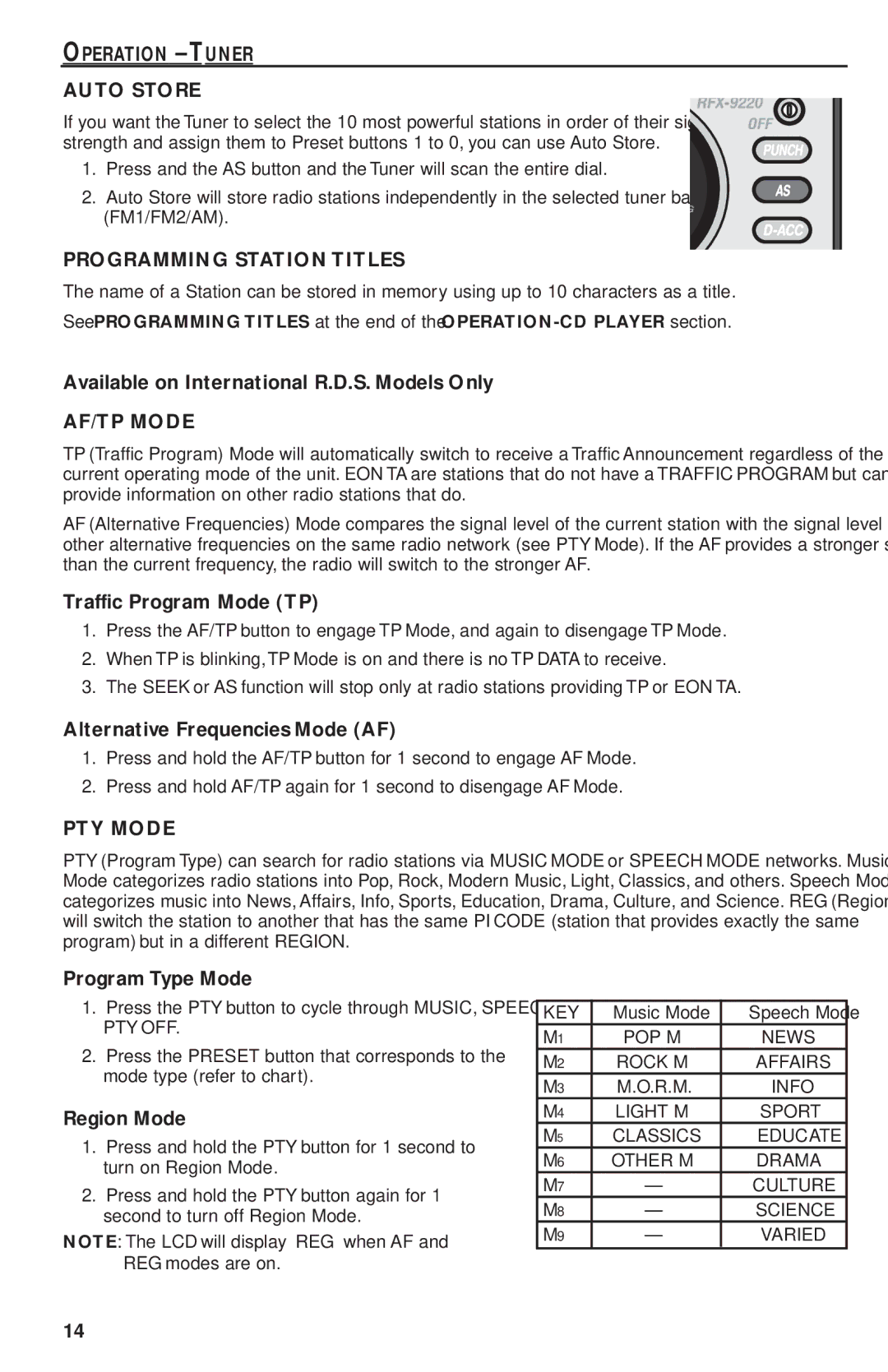 Rockford Fosgate RFX9220M manual Operation Tuner Auto Store, Programming Station Titles, AF/TP Mode, PTY Mode 