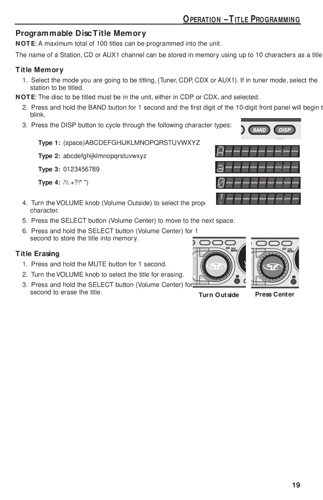 Rockford Fosgate RFX9220M manual Programmable Disc Title Memory, Operation Title Programming, Title Erasing, Turn Outside 