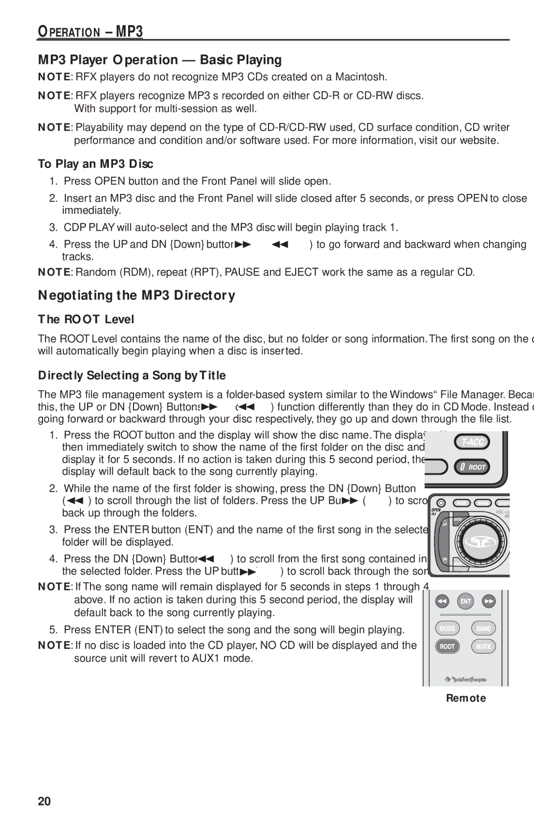 Rockford Fosgate RFX9220M manual MP3 Player Operation Basic Playing, Negotiating the MP3 Directory, Operation MP3 