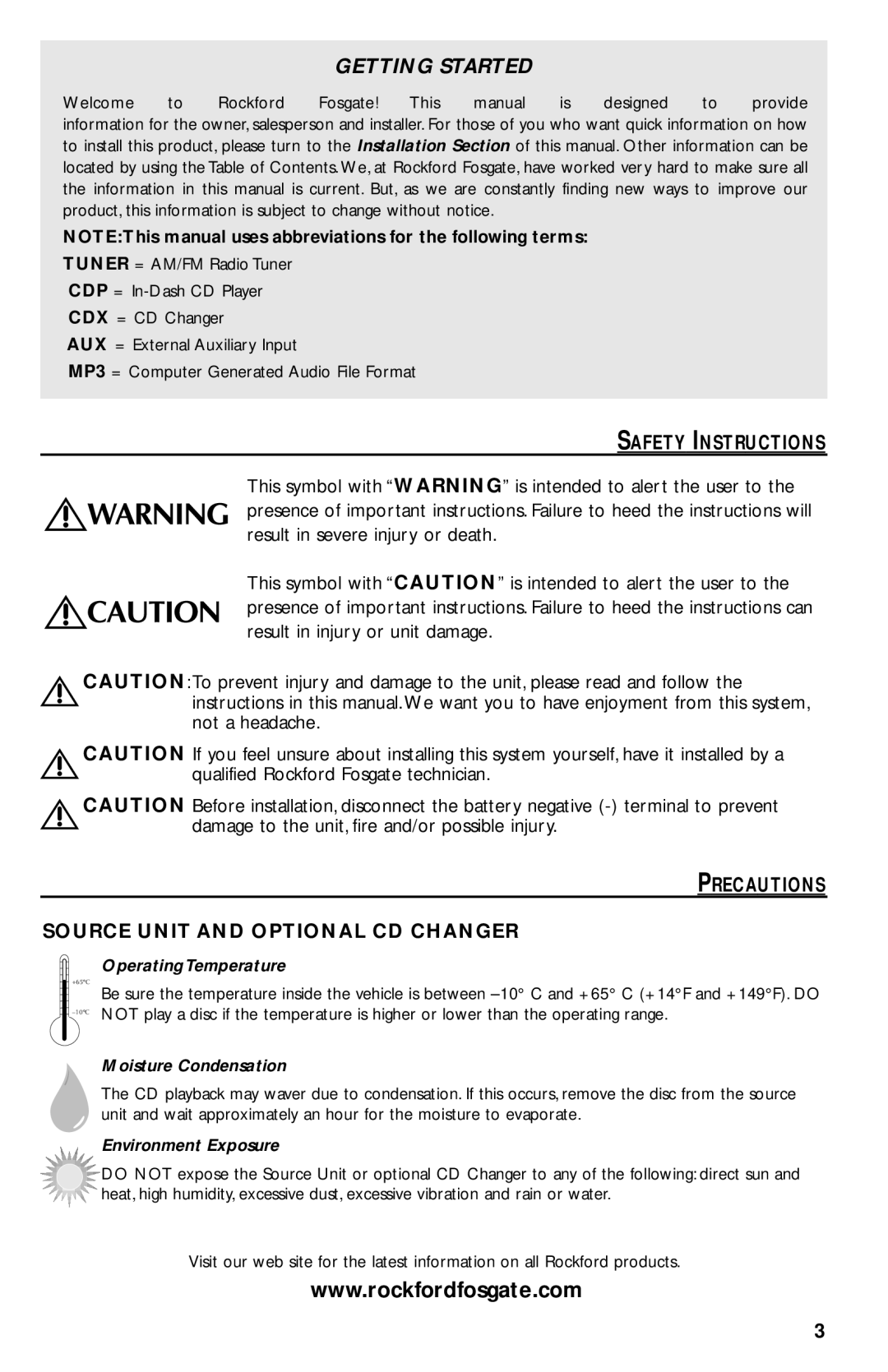 Rockford Fosgate RFX9220M manual Safety Instructions, Precautions Source Unit and Optional CD Changer 