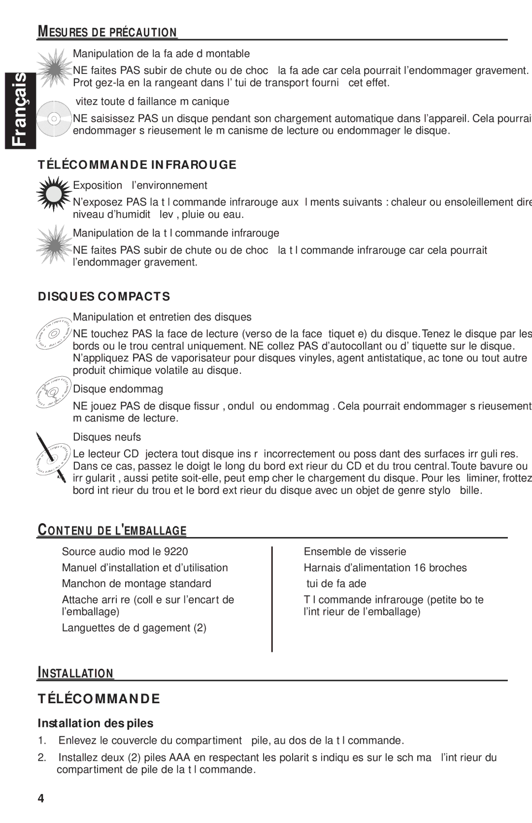 Rockford Fosgate RFX9220M manual Mesures DE Précaution, Télécommande Infrarouge, Disques Compacts, Contenu DE Lemballage 