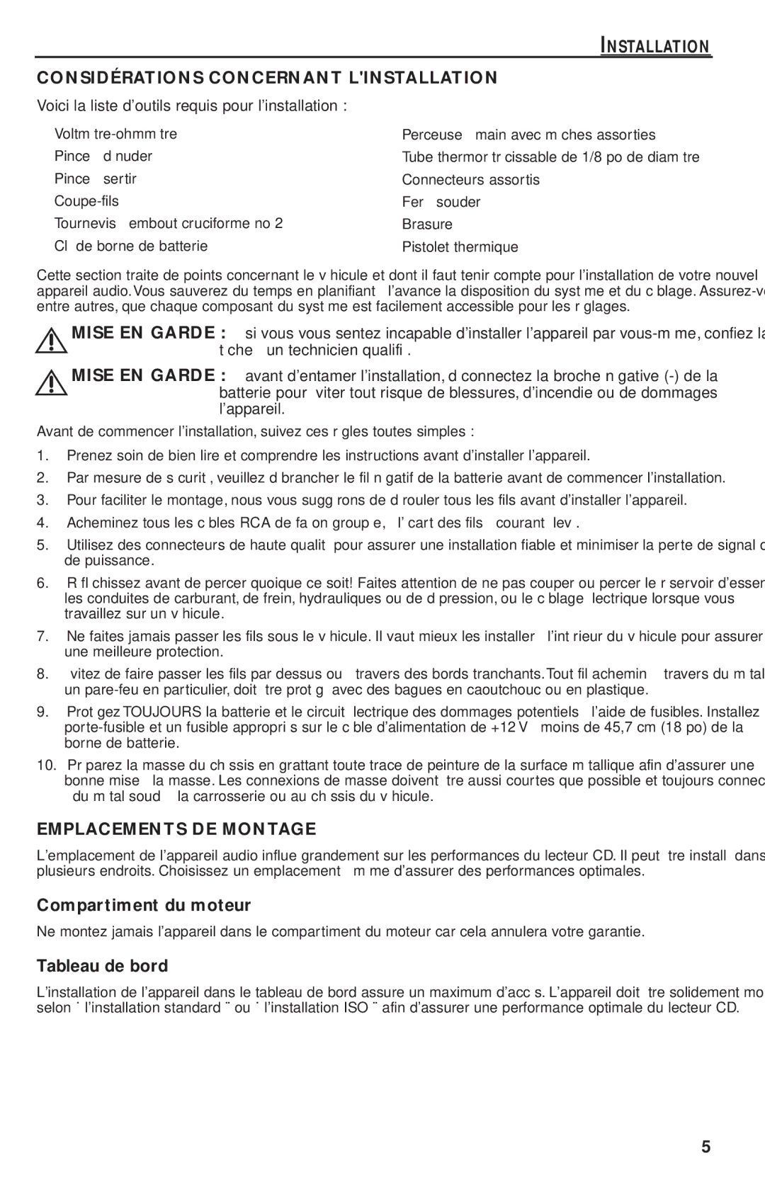 Rockford Fosgate RFX9220M Installation Considérations Concernant Linstallation, Emplacements DE Montage, Tableau de bord 