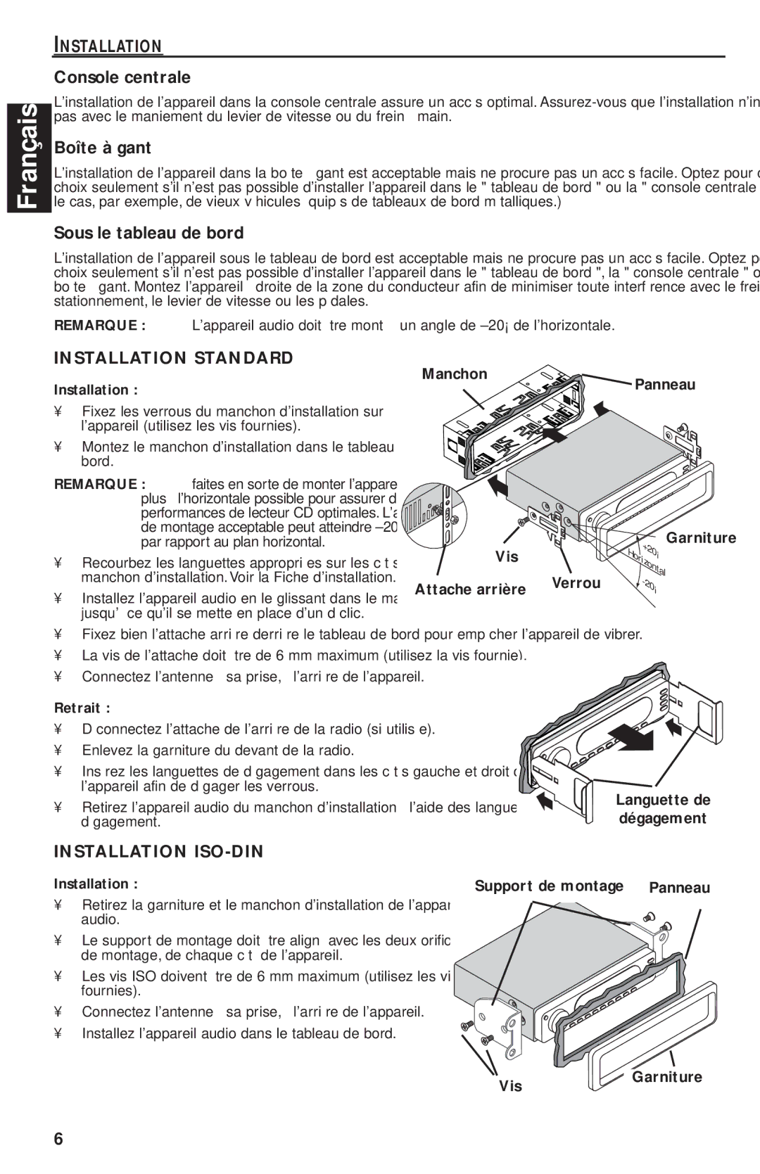 Rockford Fosgate RFX9220M manual Console centrale, Boîte à gant, Sous le tableau de bord, Installation Standard 