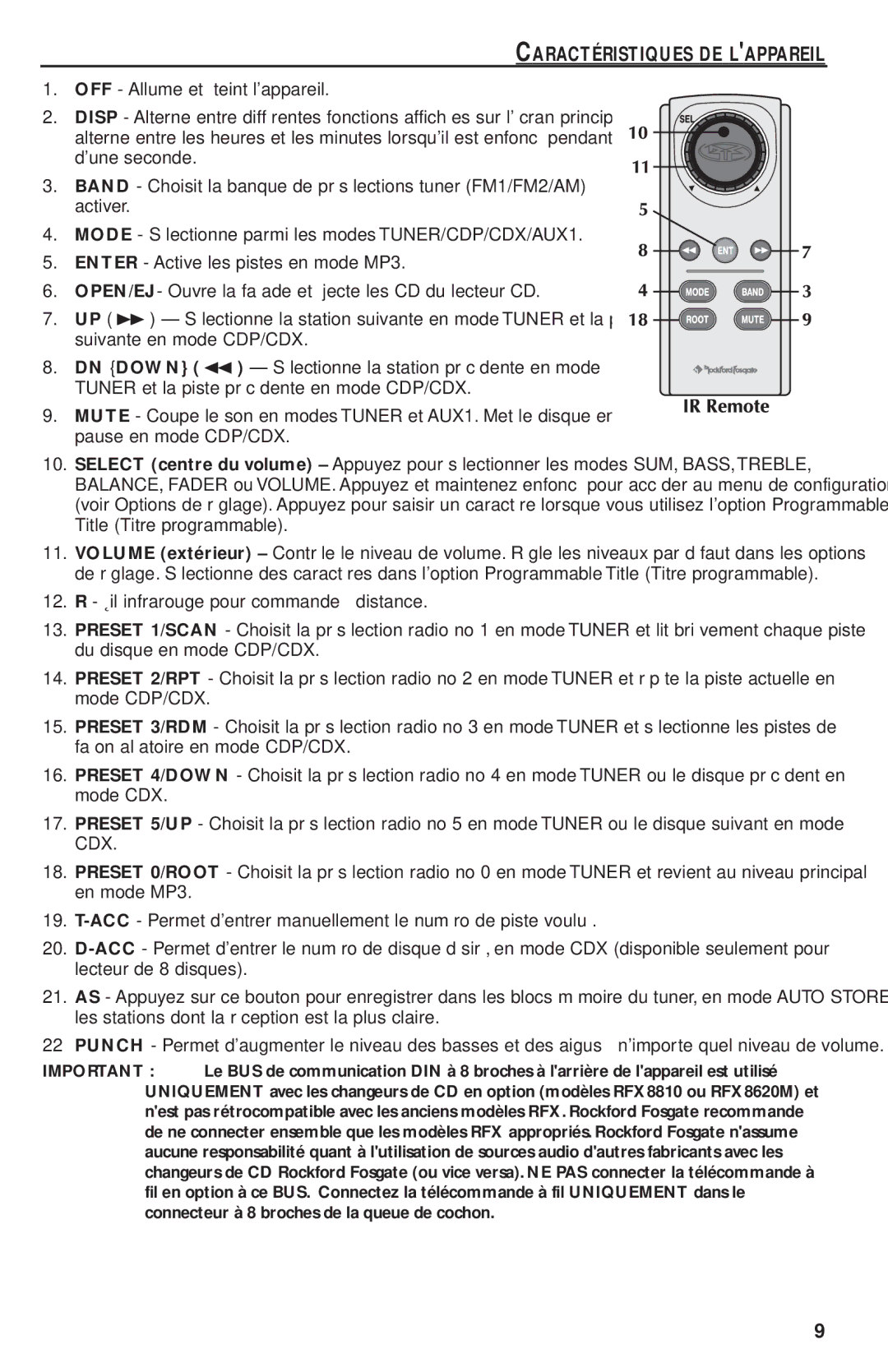 Rockford Fosgate RFX9220M manual Suivante en mode CDP/CDX, DN Down, Tuner et la piste précédente en mode CDP/CDX 