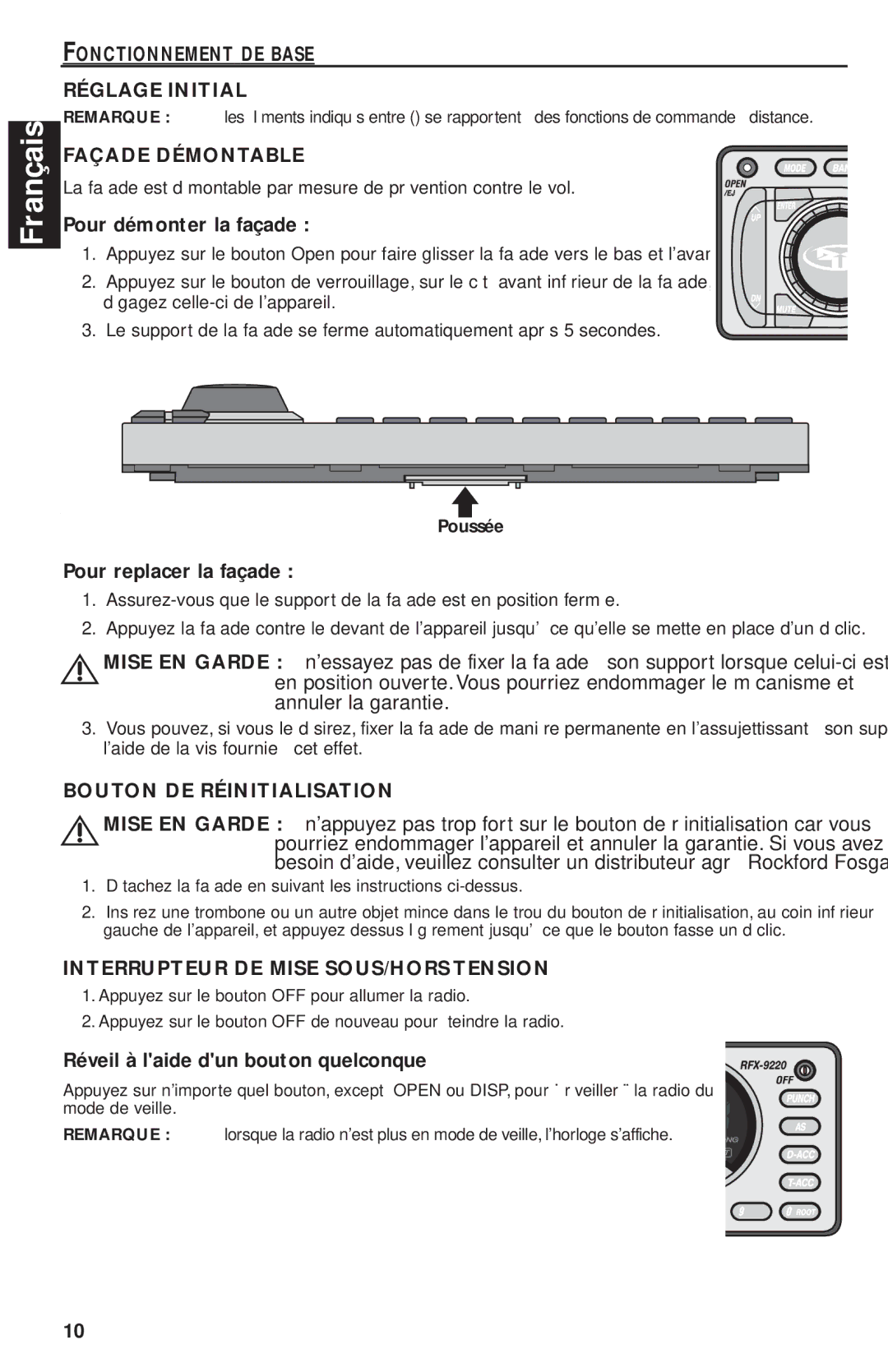 Rockford Fosgate RFX9220M manual Fonctionnement DE Base Réglage Initial, Façade Démontable, Bouton DE Réinitialisation 