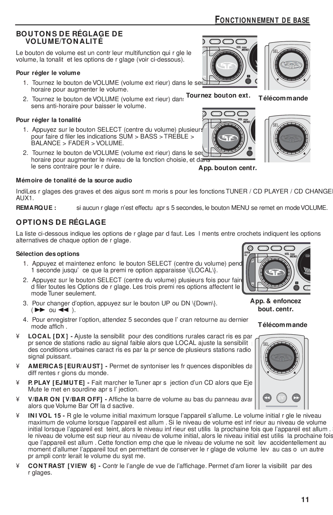 Rockford Fosgate RFX9220M manual Options DE Réglage, App. bouton centr, App. & enfoncez Bout. centr Télécommande 