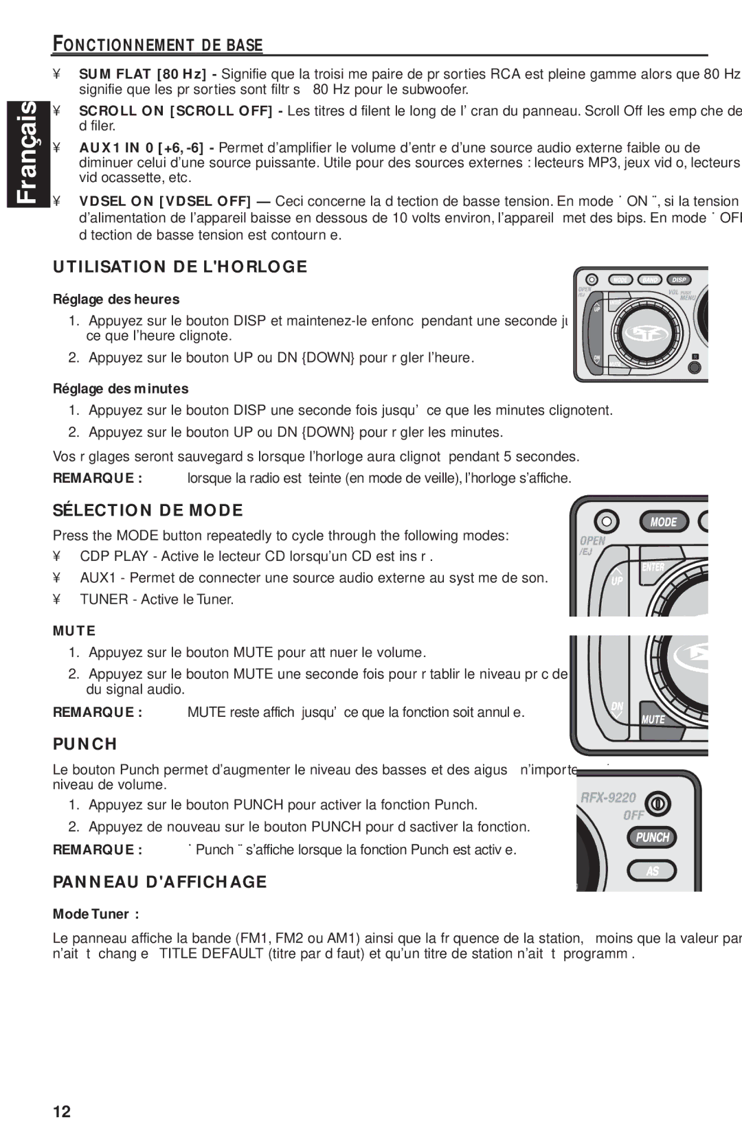 Rockford Fosgate RFX9220M Fonctionnement DE Base, Utilisation DE Lhorloge, Sélection DE Mode, Punch, Panneau Daffichage 