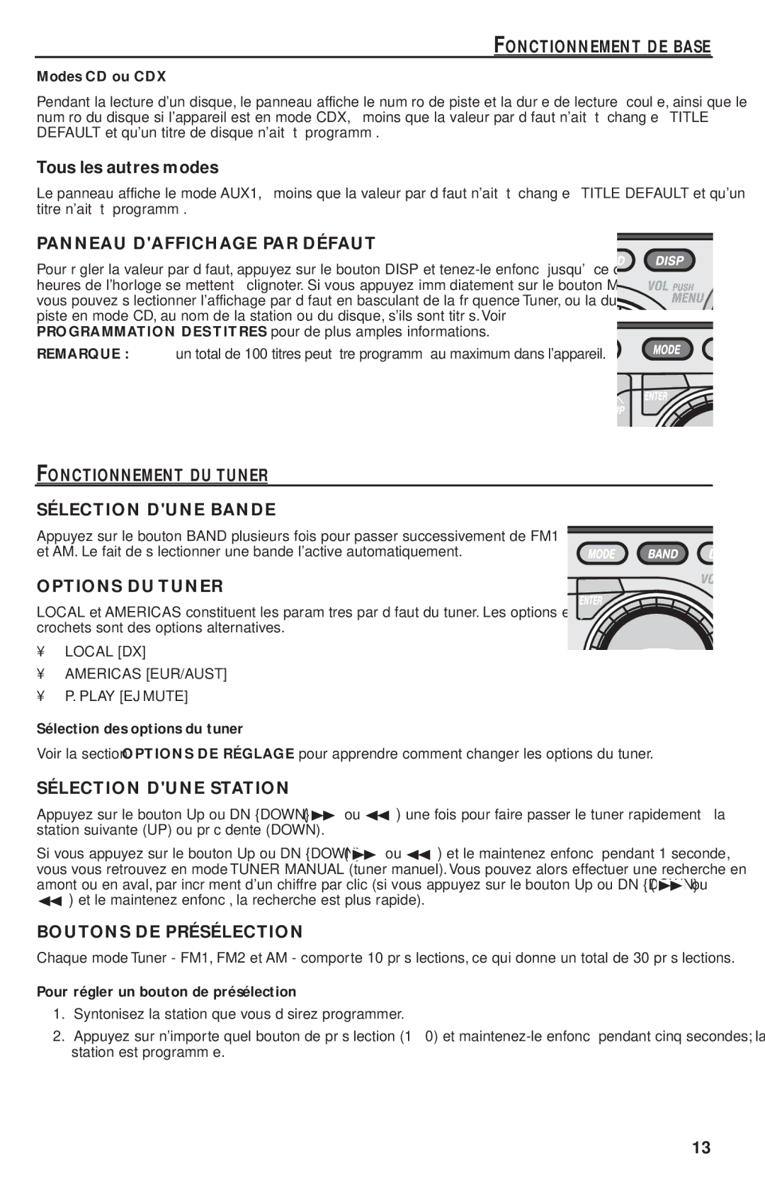 Rockford Fosgate RFX9220M Panneau Daffichage PAR Défaut, Fonctionnement DU Tuner Sélection Dune Bande, Options DU Tuner 