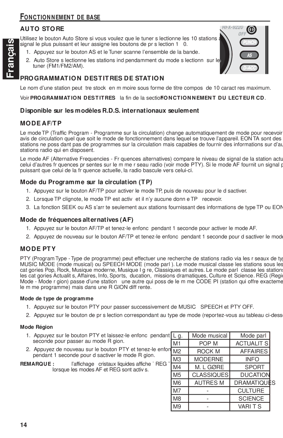 Rockford Fosgate RFX9220M Fonctionnement DE Base Auto Store, Programmation DES Titres DE Station, Mode AF/TP, Mode PTY 