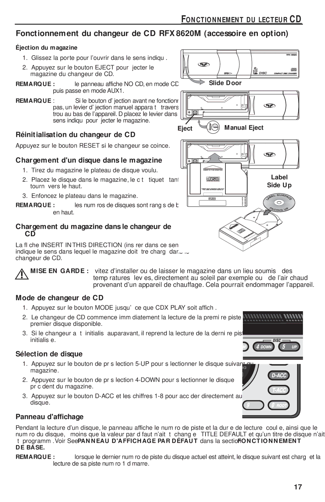 Rockford Fosgate RFX9220M Réinitialisation du changeur de CD, Chargement dun disque dans le magazine, Sélection de disque 