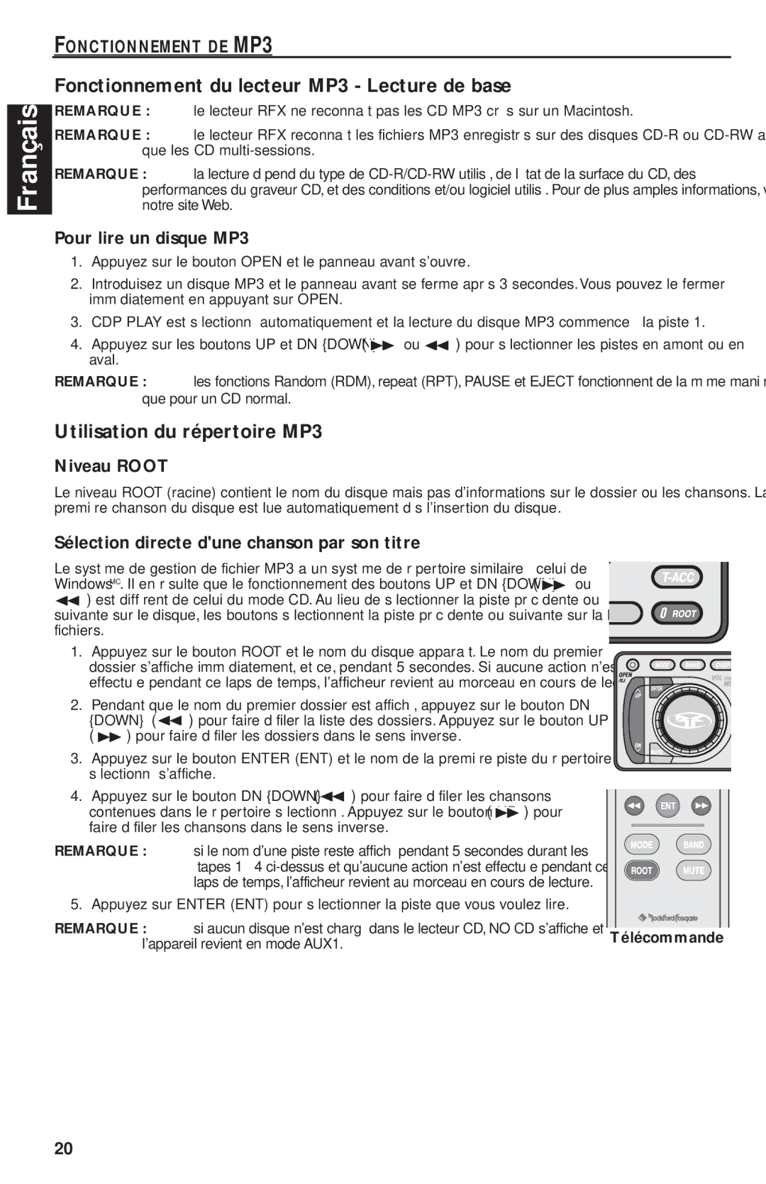 Rockford Fosgate RFX9220M manual Fonctionnement du lecteur MP3 Lecture de base, Utilisation du répertoire MP3 