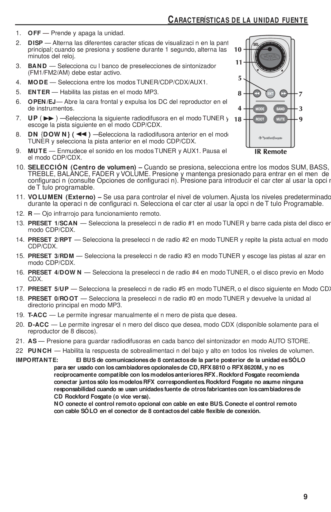 Rockford Fosgate RFX9220M manual Características DE LA Unidad Fuente 