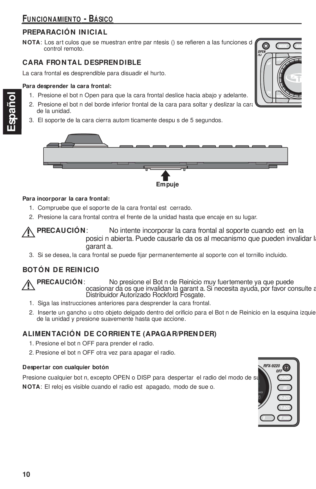 Rockford Fosgate RFX9220M Funcionamiento Básico Preparación Inicial, Cara Frontal Desprendible, Botón DE Reinicio, Empuje 