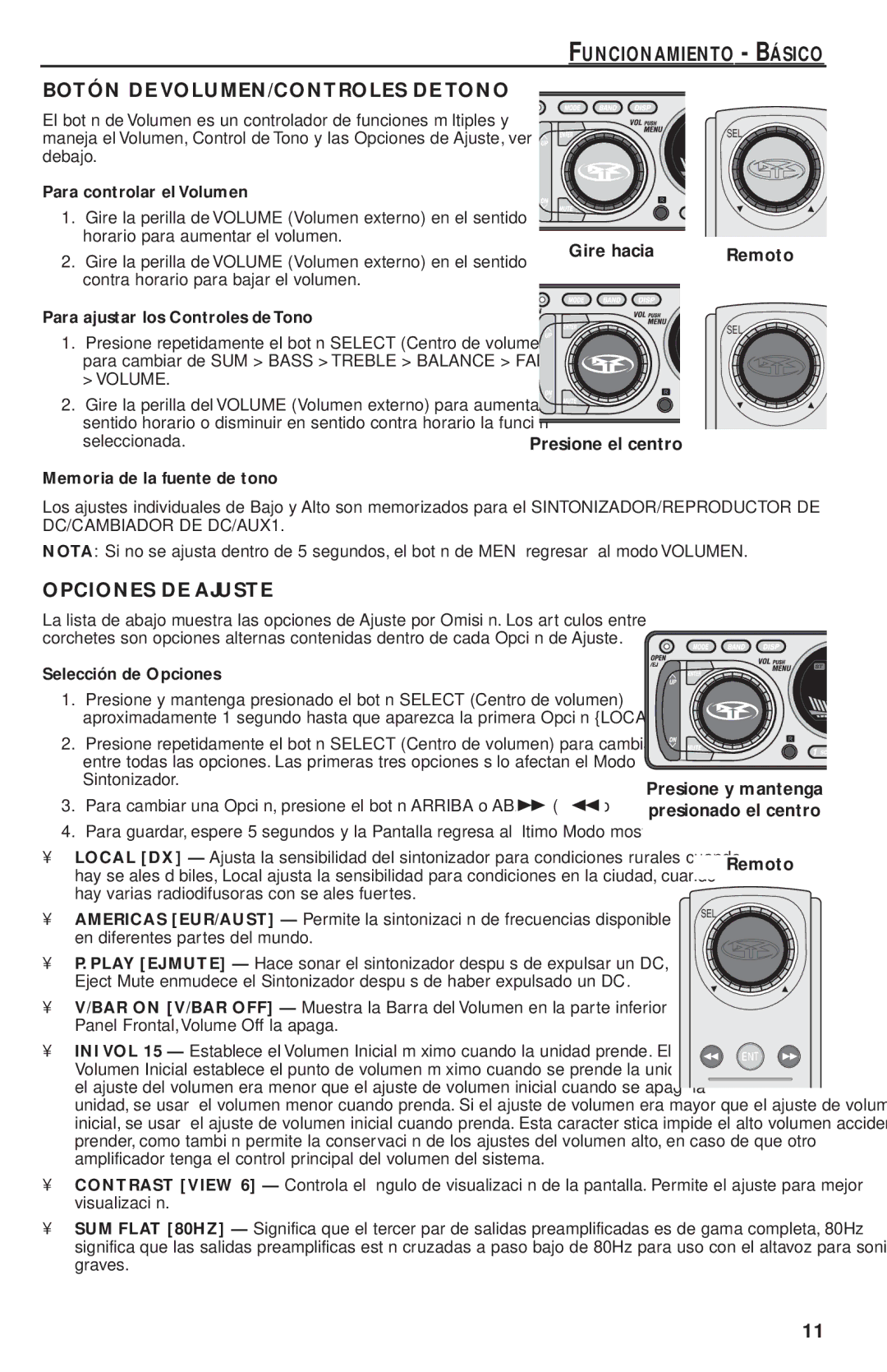 Rockford Fosgate RFX9220M Funcionamiento Básico Botón DE VOLUMEN/CONTROLES DE Tono, Opciones DE Ajuste, Gire hacia, Remoto 