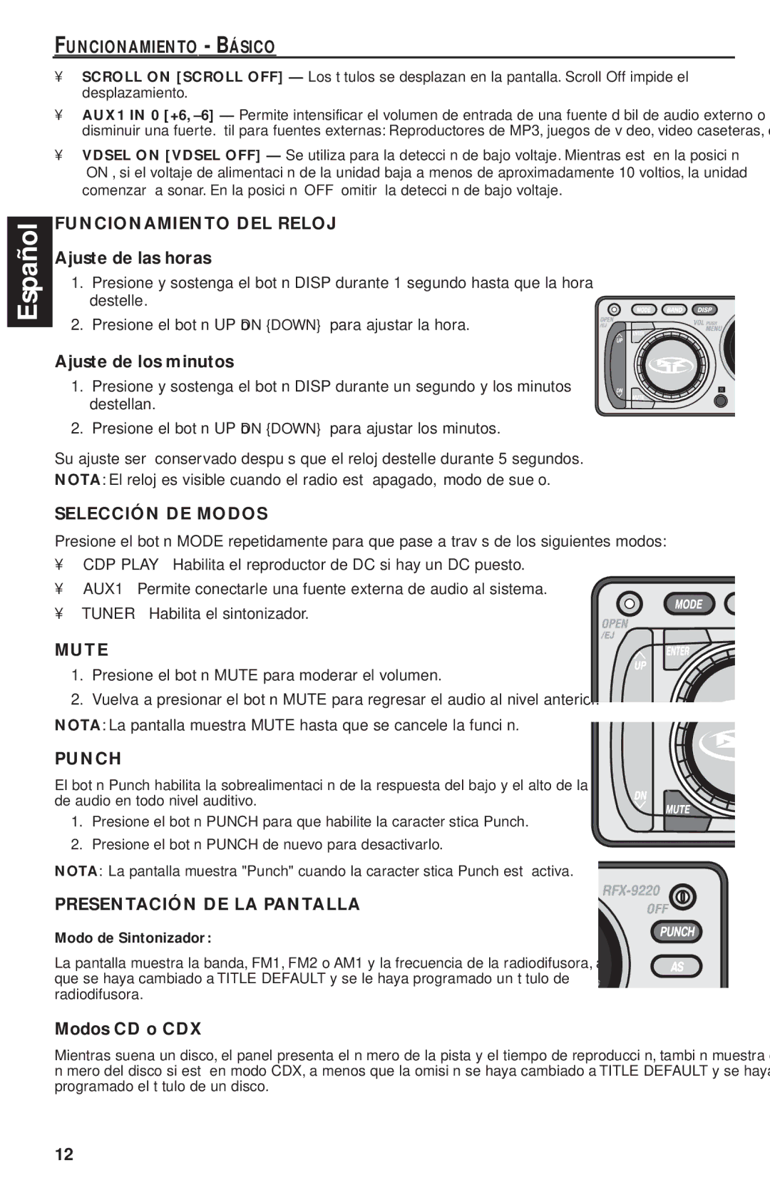 Rockford Fosgate RFX9220M Funcionamiento Básico, Funcionamiento DEL Reloj, Selección DE Modos, Presentación DE LA Pantalla 