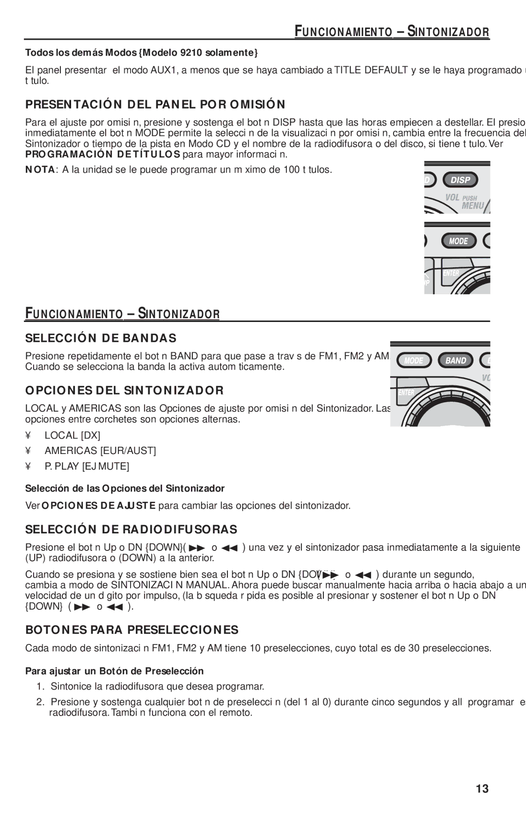 Rockford Fosgate RFX9220M manual Funcionamiento Sintonizador, Presentación DEL Panel POR Omisión, Opciones DEL Sintonizador 