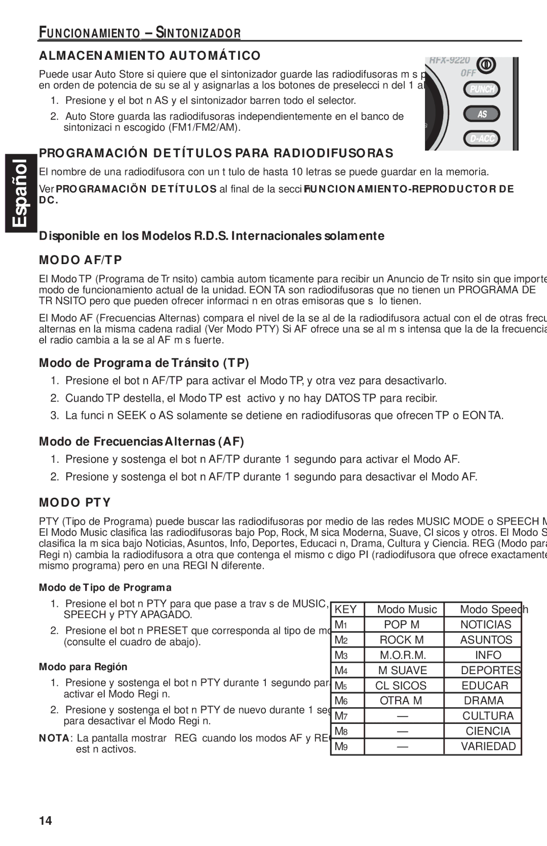 Rockford Fosgate RFX9220M manual Funcionamiento Sintonizador Almacenamiento Automático, Modo AF/TP, Modo PTY 