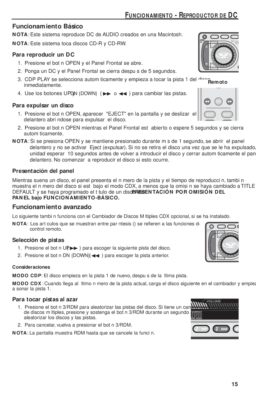 Rockford Fosgate RFX9220M manual Funcionamiento Básico, Funcionamiento avanzado, Funcionamiento Reproductor DE DC 