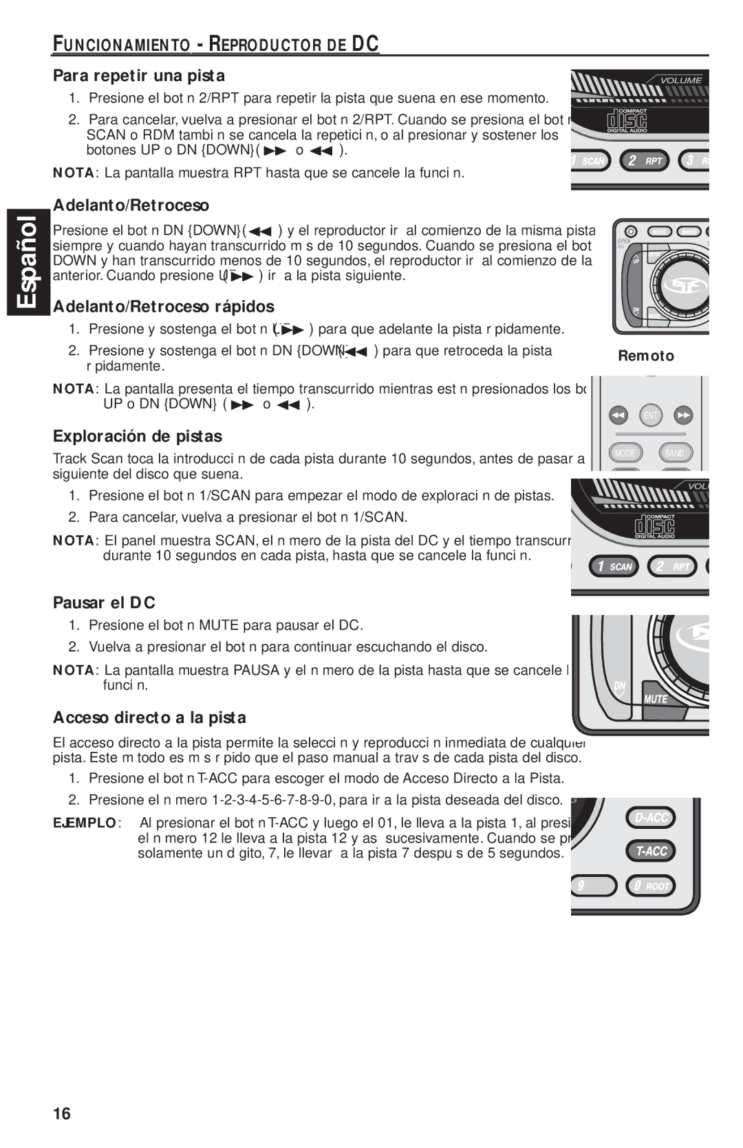 Rockford Fosgate RFX9220M Para repetir una pista, Adelanto/Retroceso rápidos, Exploración de pistas, Pausar el DC 