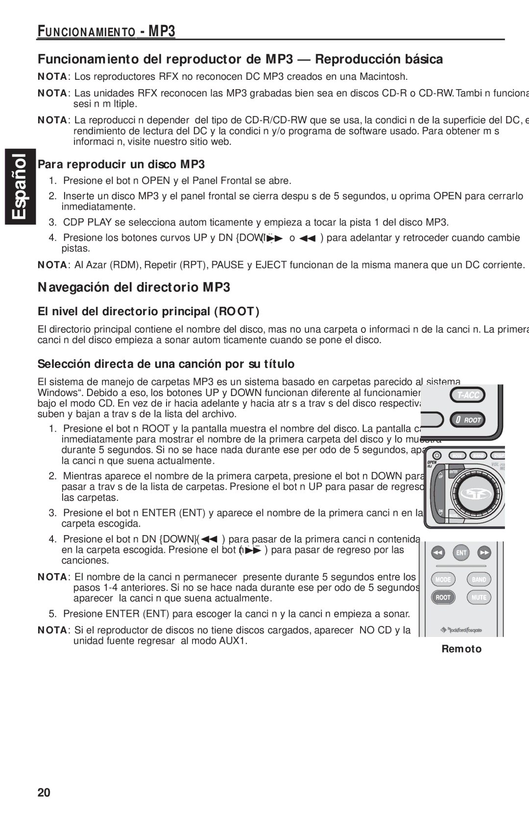 Rockford Fosgate RFX9220M manual Funcionamiento del reproductor de MP3 Reproducción básica, Navegación del directorio MP3 