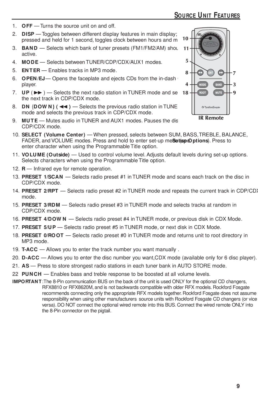 Rockford Fosgate RFX9220M manual OFF Turns the source unit on and off 