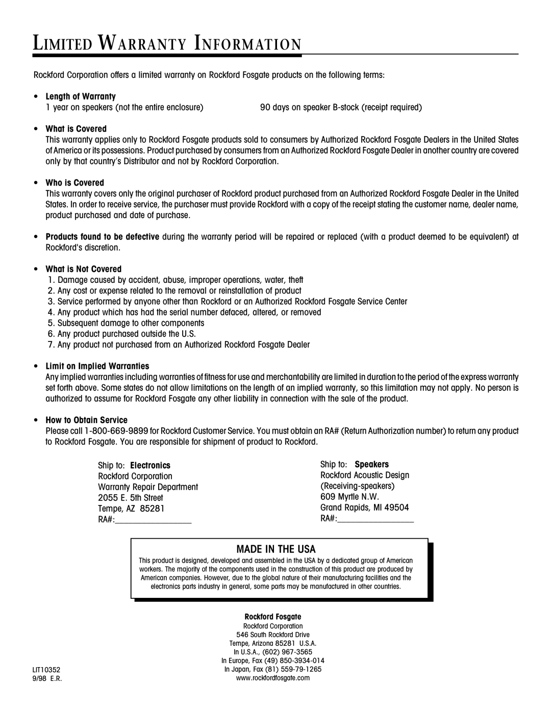 Rockford Fosgate RFB2123 Length of Warranty, What is Covered, Who is Covered, What is Not Covered, How to Obtain Service 