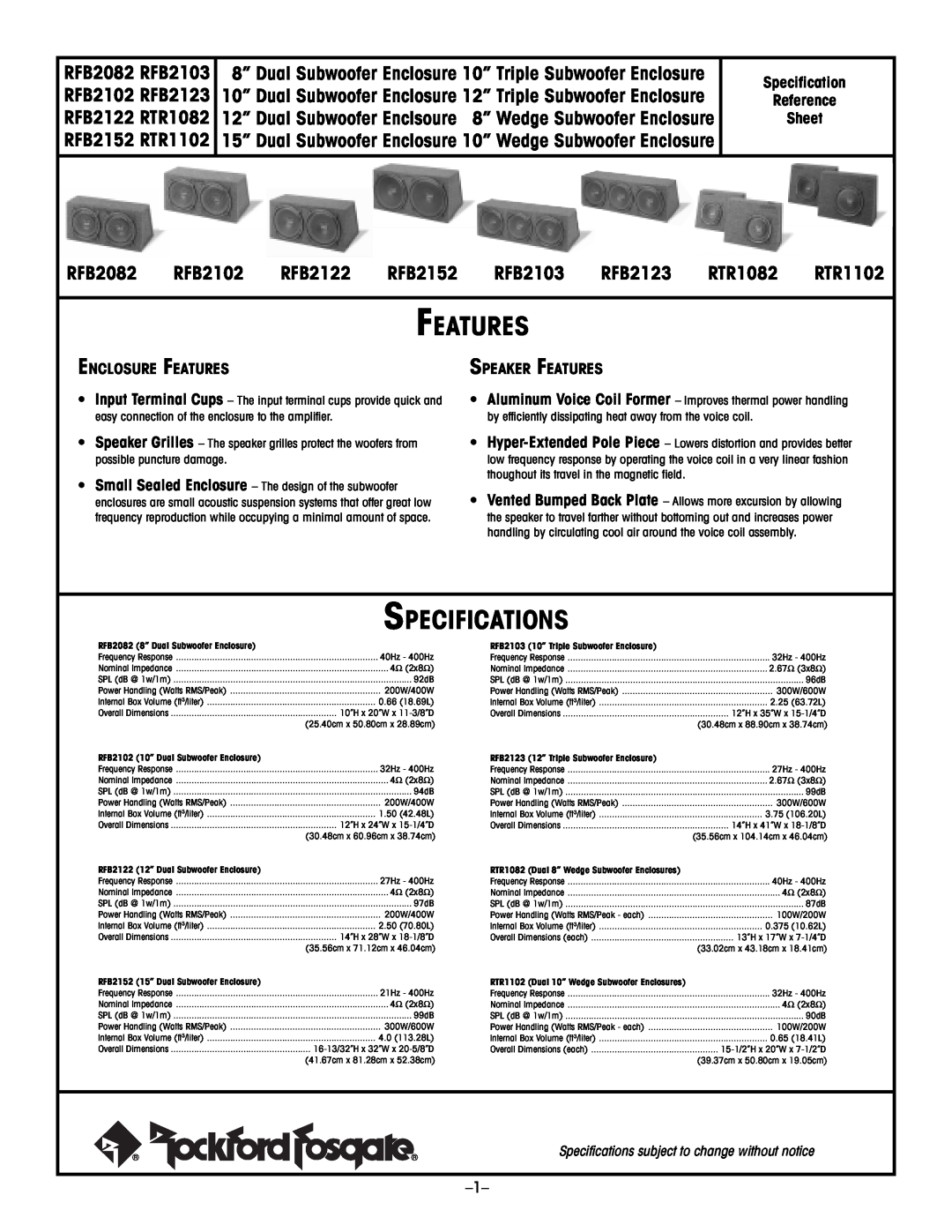 Rockford Fosgate RFB2122 Specifications, Specification Reference Sheet, Enclosure Features, Speaker Features, RFB2082 