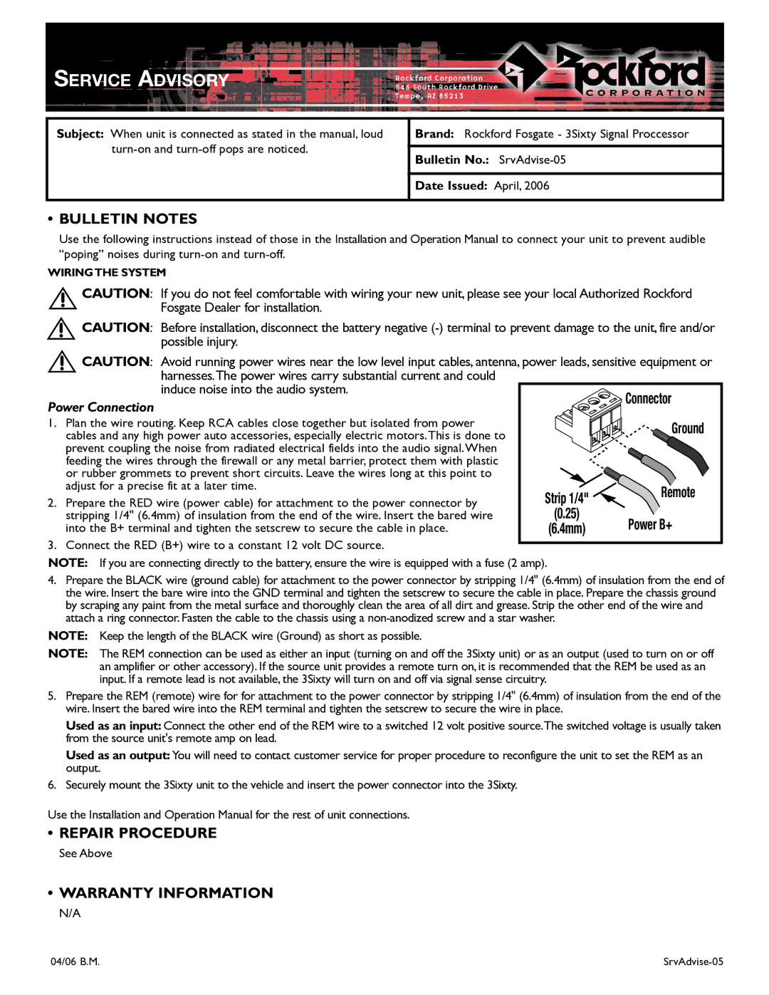 Rockford Fosgate SRVADVISE-05 warranty Service Advisory, Bulletin Notes, Repair Procedure, Warranty Information 