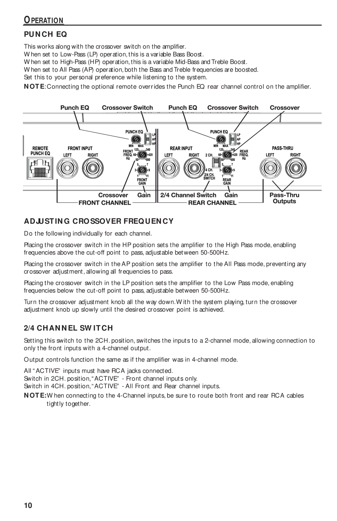 Rockford Fosgate T1000-4 manual Operation Punch EQ, Adjusting Crossover Frequency, Channel Switch 