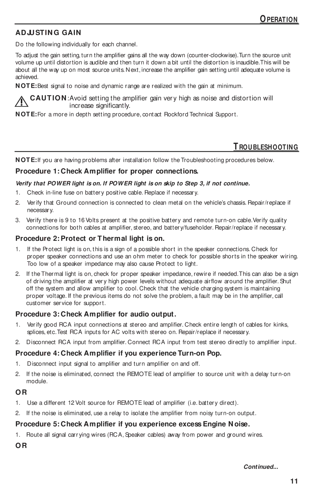 Rockford Fosgate T1000-4 manual Operation Adjusting Gain, Troubleshooting 