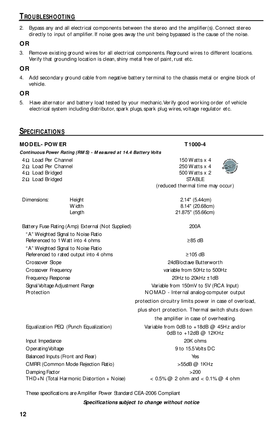 Rockford Fosgate T1000-4 manual MODEL- Power, Specifications subject to change without notice 