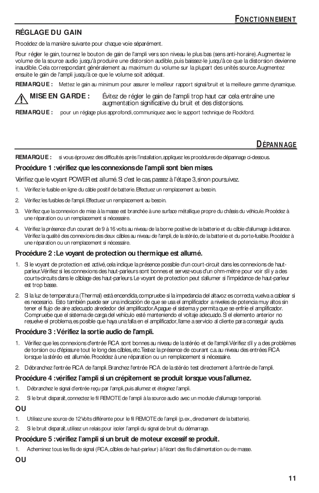 Rockford Fosgate T1000-4 manual Fonctionnement Réglage DU Gain, Dépannage, Procédure 3 Vérifiez la sortie audio de lampli 