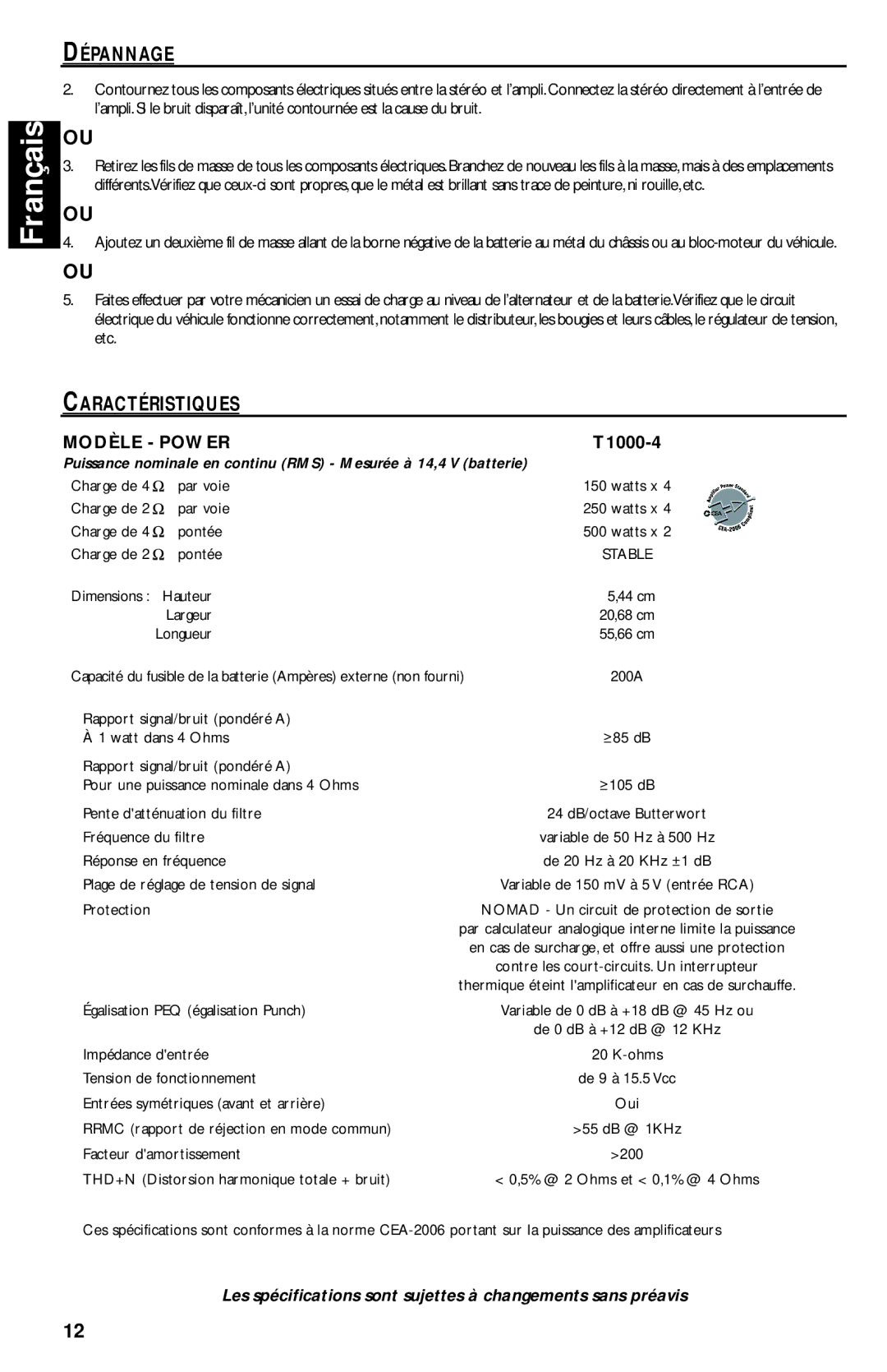 Rockford Fosgate T1000-4 manual Caractéristiques, Modèle Power, Les spécifications sont sujettes à changements sans préavis 