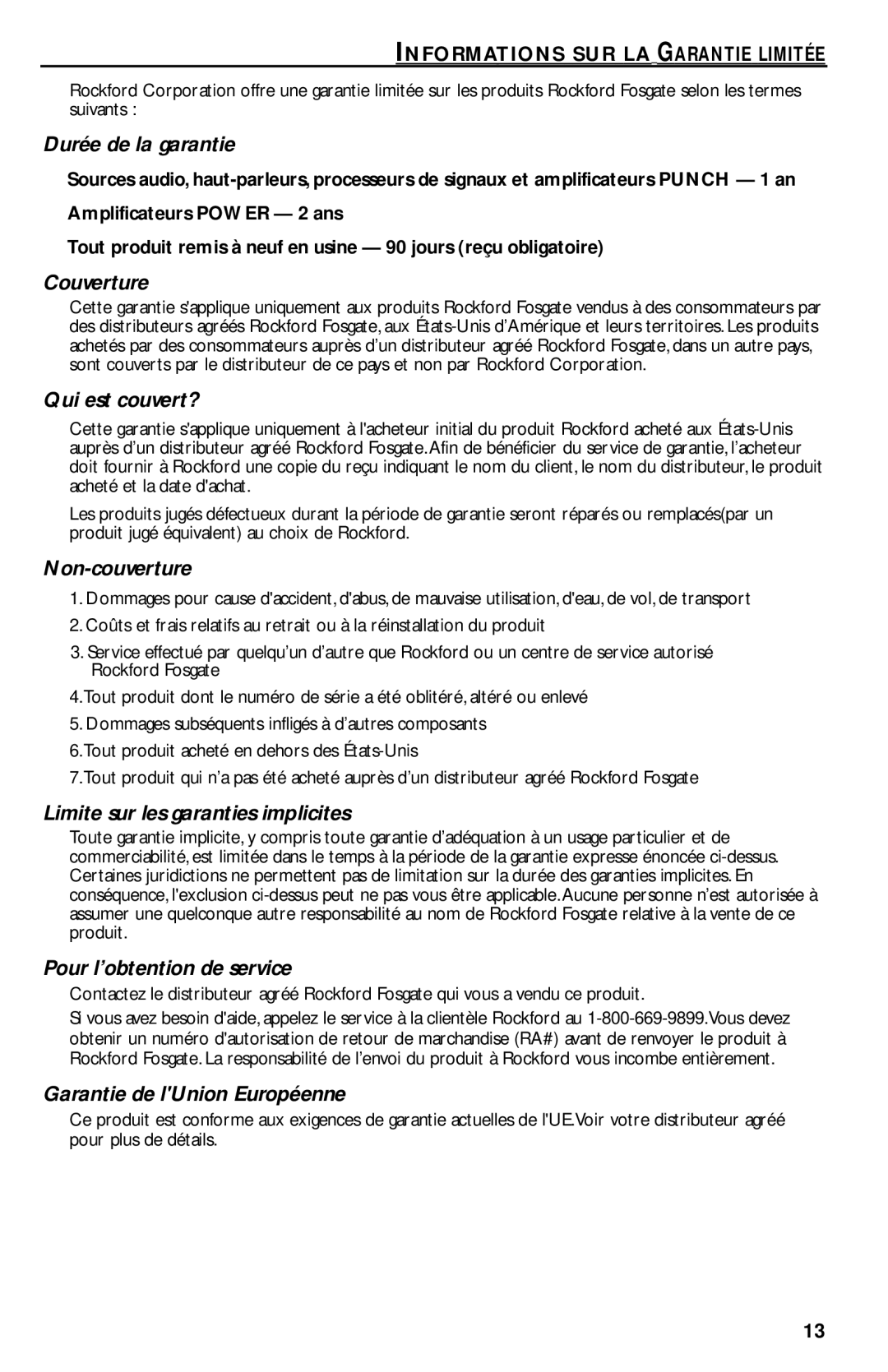 Rockford Fosgate T1000-4 manual Durée de la garantie, Informations SUR LA Garantie Limitée 