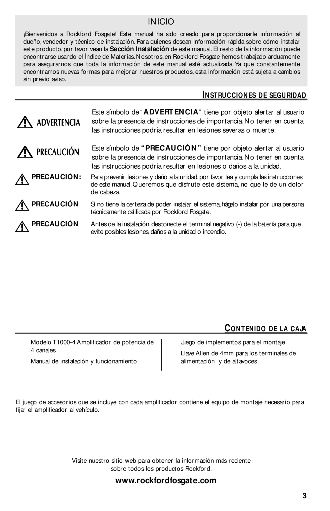 Rockford Fosgate T1000-4 manual Instrucciones DE Seguridad, Precaución, Contenido DE LA Caja 