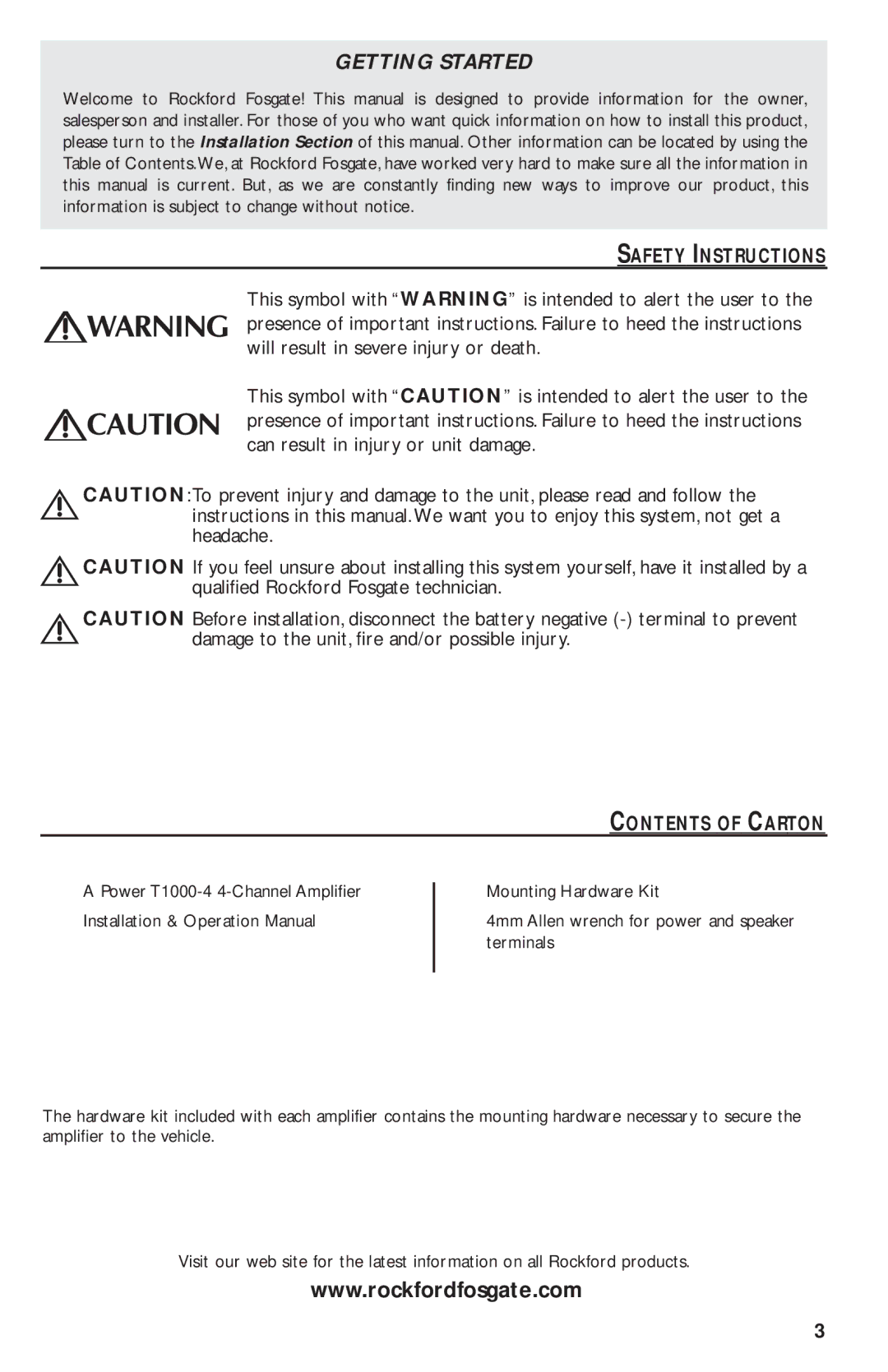 Rockford Fosgate T1000-4 manual Safety Instructions, Contents of Carton 