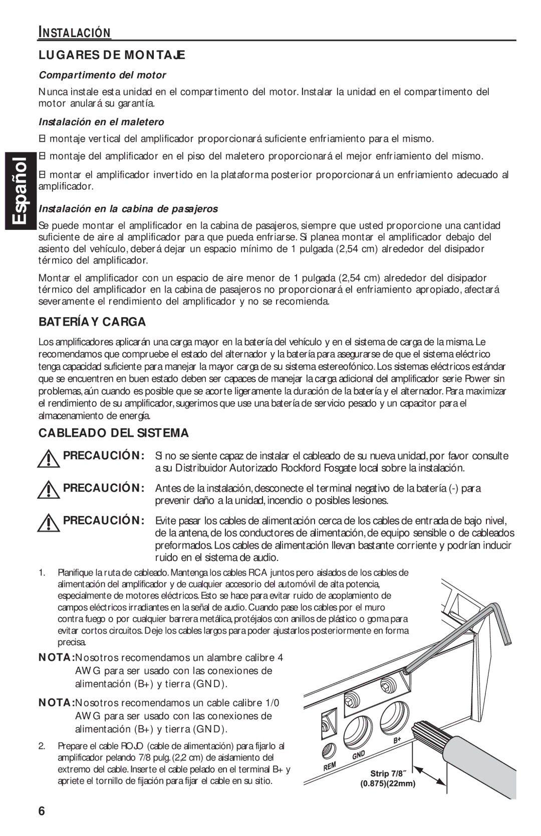 Rockford Fosgate T1000-4 manual Instalación Lugares DE Montaje, Bateríay Carga, Cableado DEL Sistema 