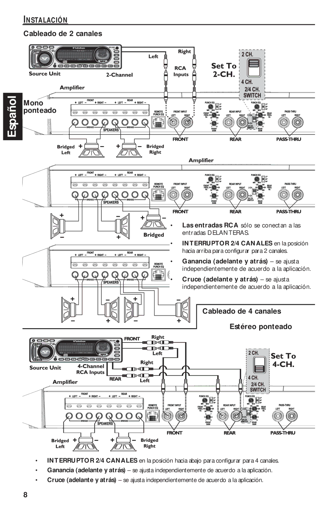 Rockford Fosgate T1000-4 manual Pontea do, Cableado de 4 canales Estéreo ponteado 