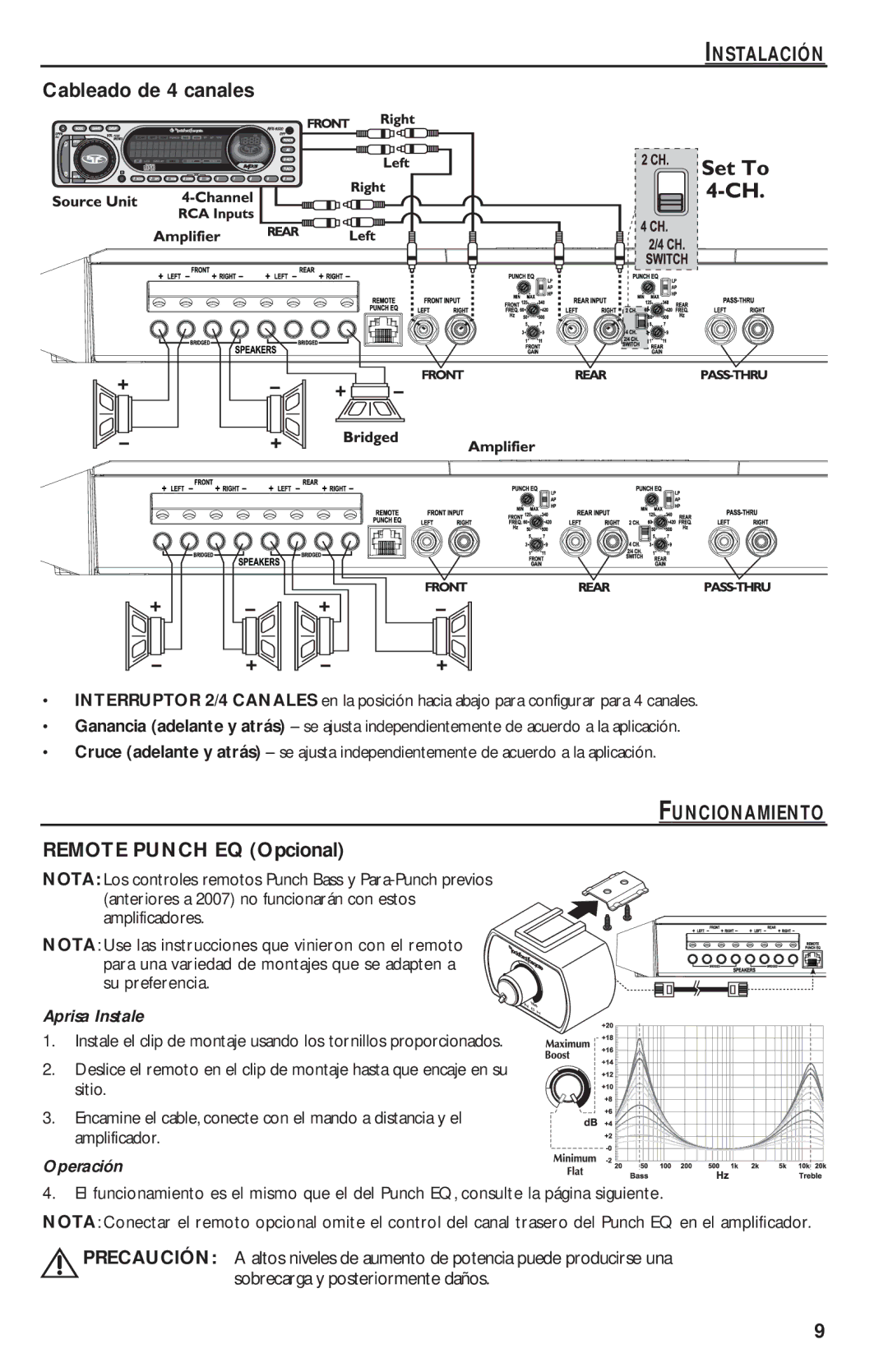 Rockford Fosgate T1000-4 manual Cableado de 4 canales, Funcionamiento, Remote Punch EQ Opcional, Aprisa Instale, Operación 