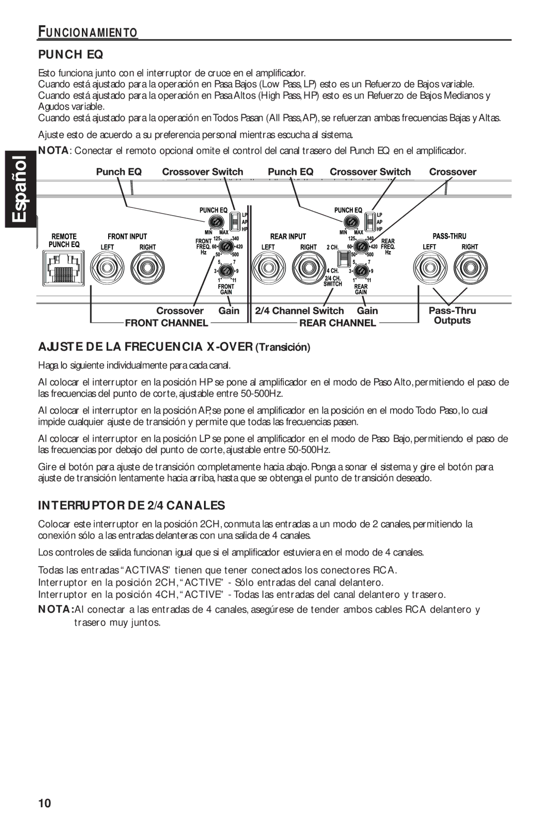 Rockford Fosgate T1000-4 Funcionamiento Punch EQ, Ajuste DE LA Frecuencia X-OVER Transición, Interruptor DE 2/4 Canales 