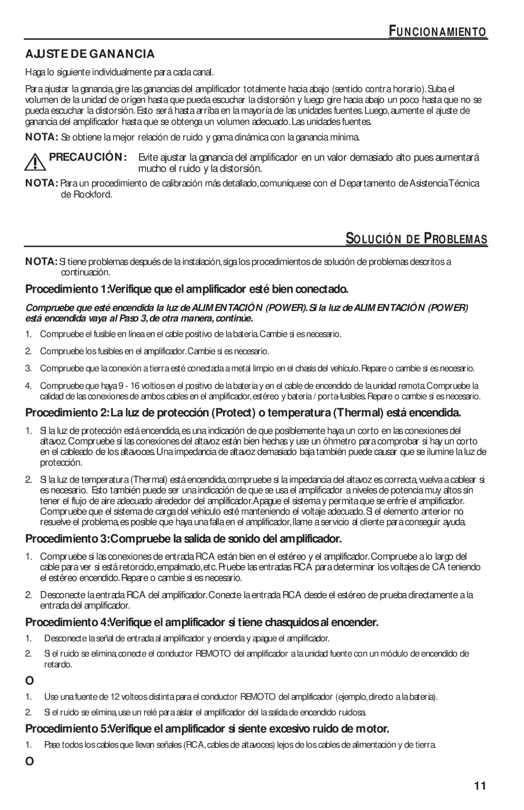 Rockford Fosgate T1000-4 manual Funcionamiento Ajuste DE Ganancia, Solución DE Problemas 