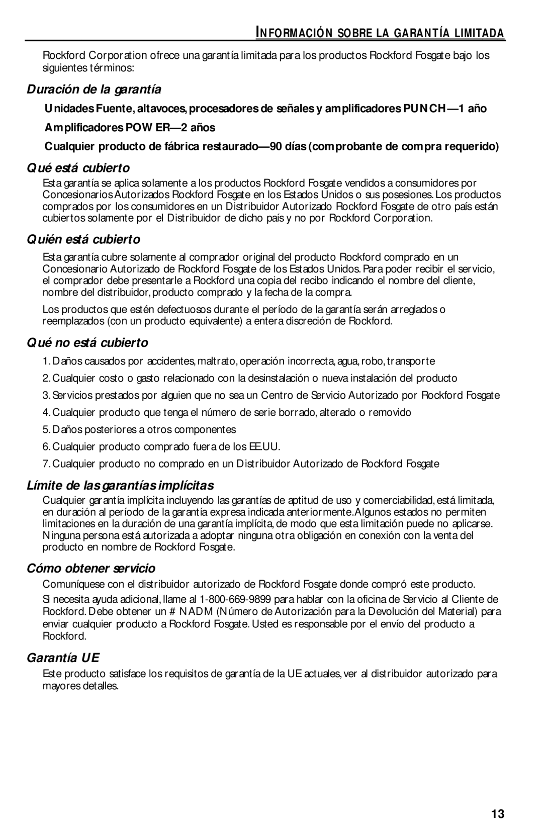 Rockford Fosgate T1000-4 manual Duración de la garantía, Información Sobre LA Garantía Limitada 