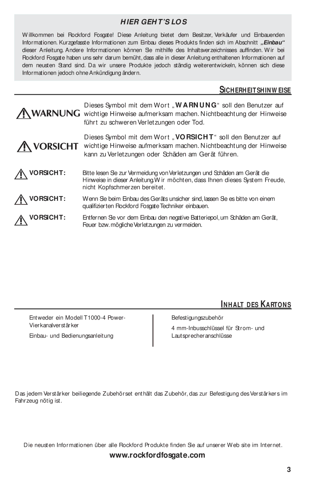 Rockford Fosgate T1000-4 manual Sicherheitshinweise, Vorsicht, Nicht Kopfschmerzen bereitet 