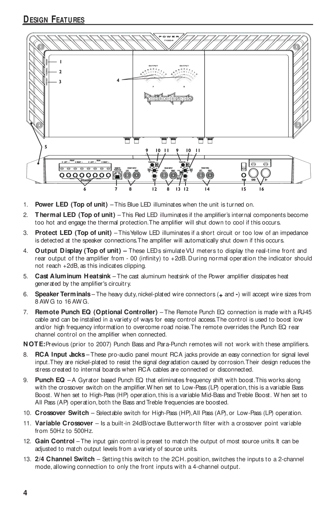 Rockford Fosgate T1000-4 manual Design Features, Prot, Outp 