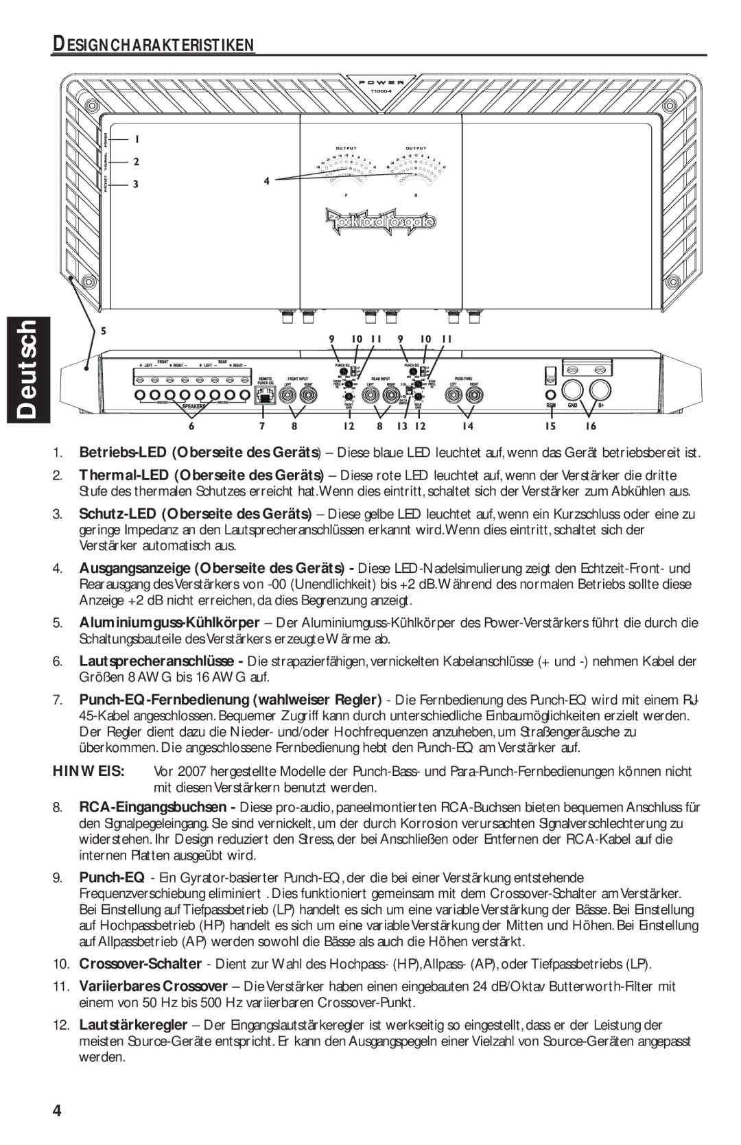 Rockford Fosgate T1000-4 manual Designcharakteristiken, Größen 8 AWG bis 16 AWG auf, Hinweis 