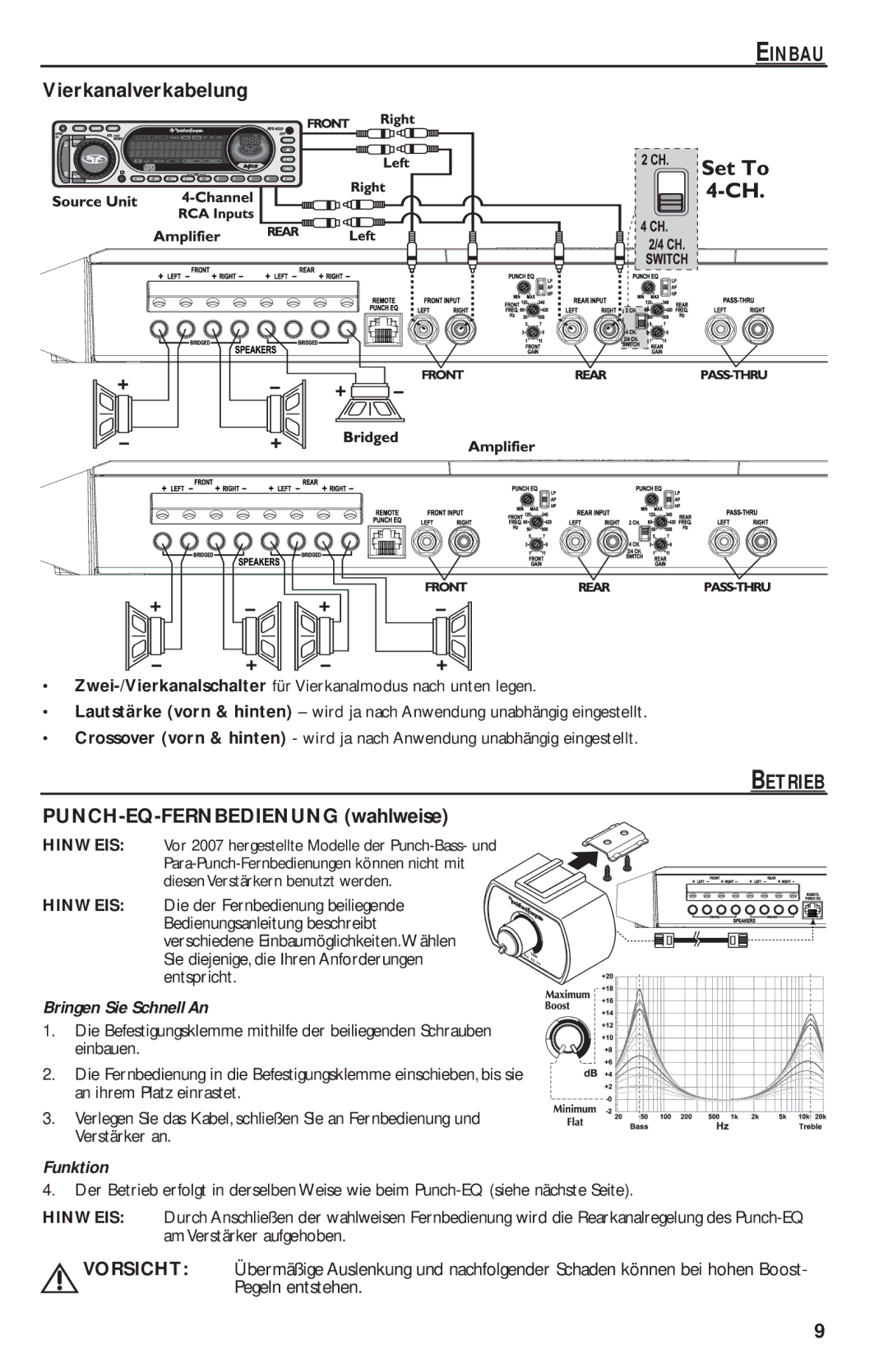 Rockford Fosgate T1000-4 manual Betrieb, PUNCH-EQ-FERNBEDIENUNG wahlweise, Funktion 