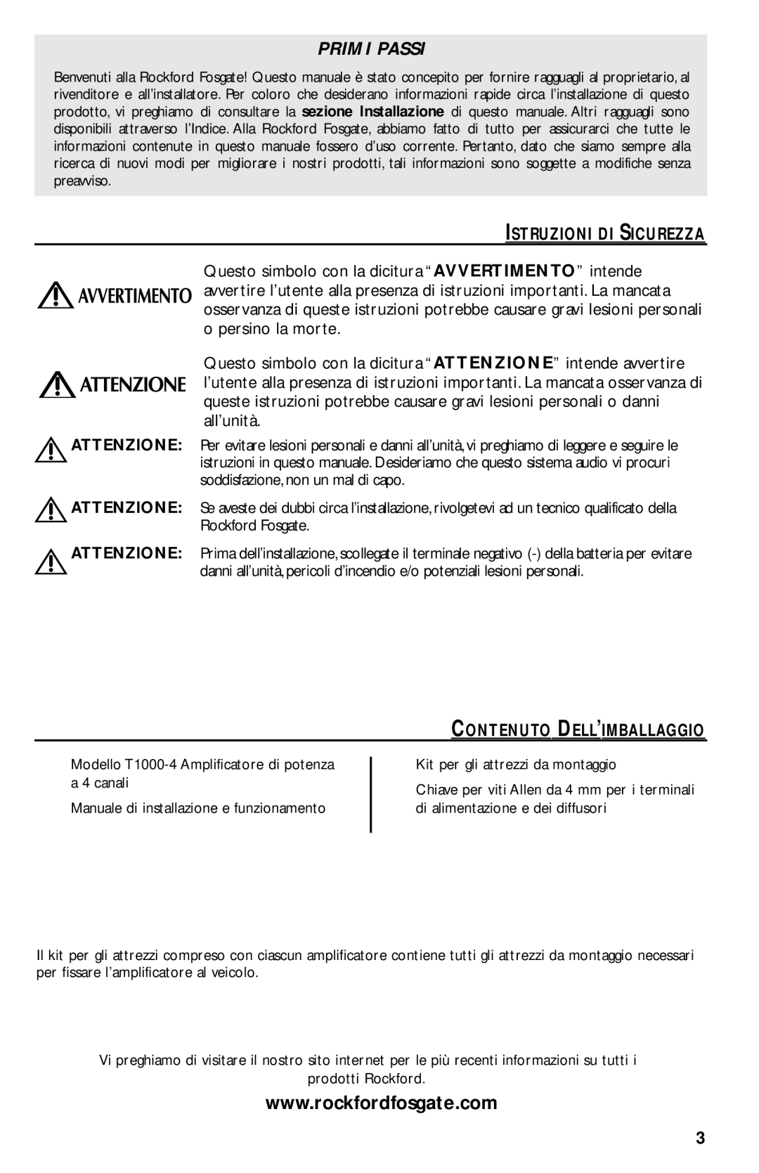 Rockford Fosgate T1000-4 manual Istruzioni DI Sicurezza, Contenuto DELL’IMBALLAGGIO, Attenzione, Rockford Fosgate 