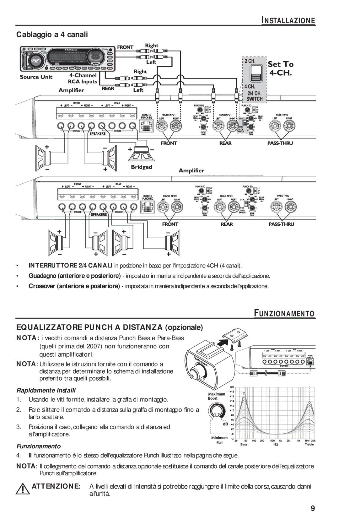 Rockford Fosgate T1000-4 manual Cablaggio a 4 canali, Funzionamento, Equalizzatore Punch a Distanza opzionale 