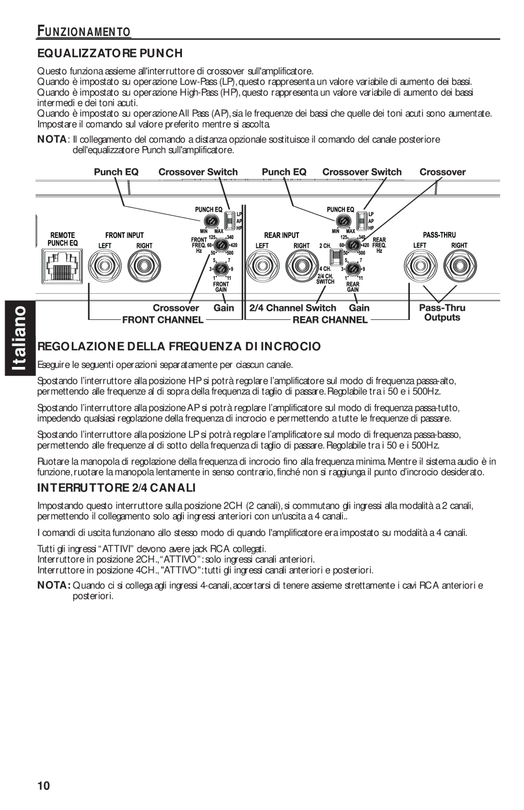 Rockford Fosgate T1000-4 manual Funzionamento Equalizzatore Punch, Regolazione Della Frequenza DI Incrocio 