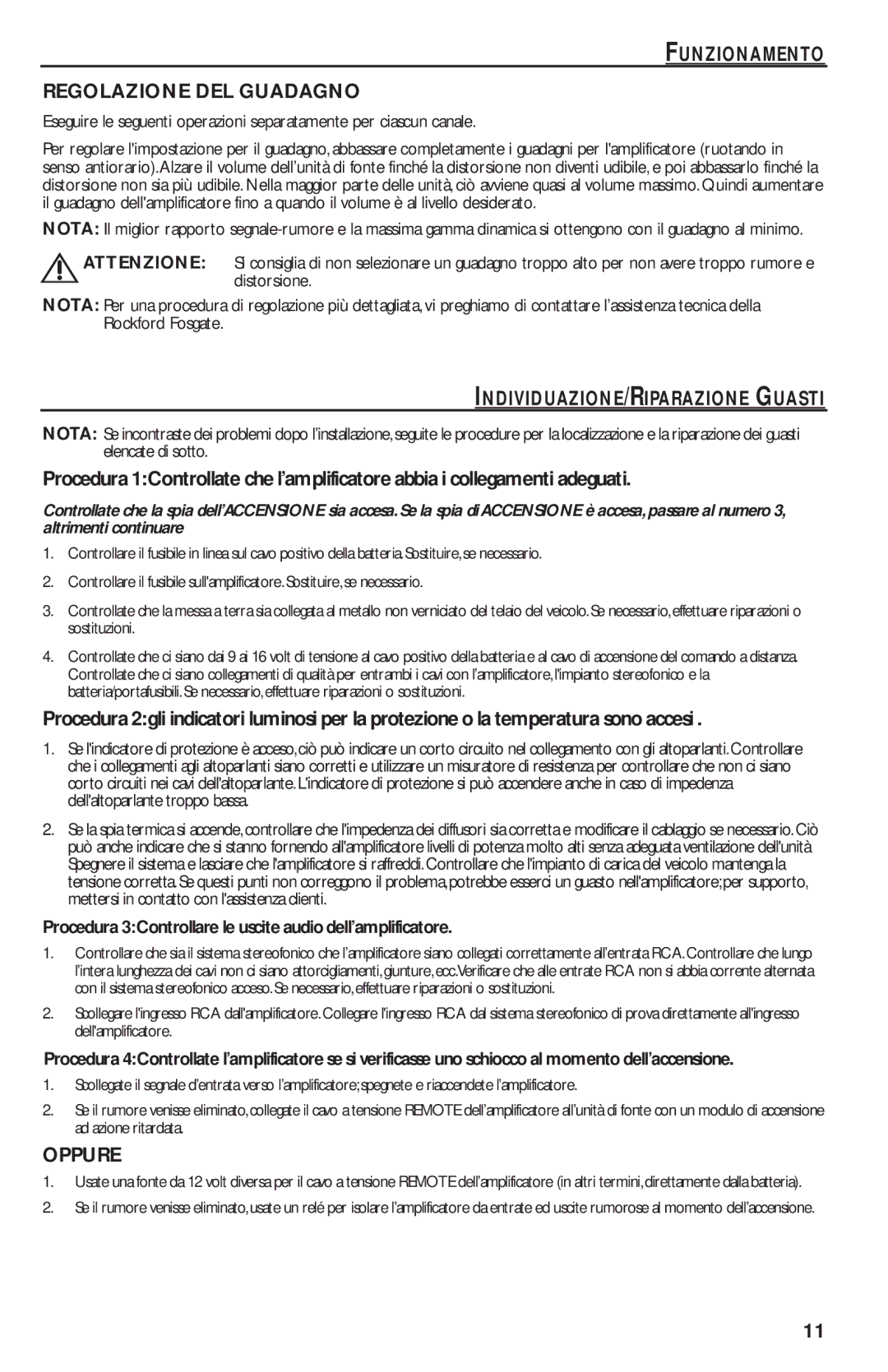Rockford Fosgate T1000-4 manual Funzionamento Regolazione DEL Guadagno, INDIVIDUAZIONE/RIPARAZIONE Guasti, Oppure 